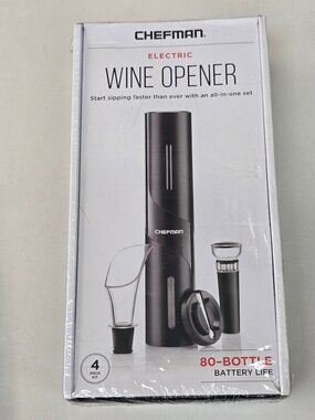 NEW Chefman Electric Wine Opener 4-Piece Set Foil Cutter Pourer & Stopper Black